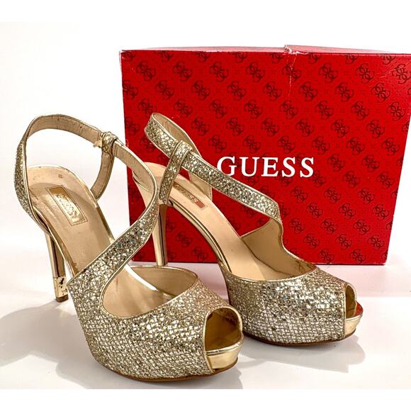 GUESS Hilariely Platform Sparkling Strappy Peep Toe Shiny Stiletto Shoes SZ 7.5 - Picture 1 of 15